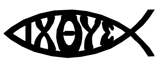 Fish symbol with the Greek letters iota, xhi, theta, upsilon, and sigma -- the Greek word for fish.