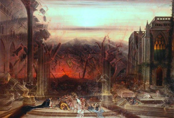Jerusalem temple, fades into flames where a distant cross falls.