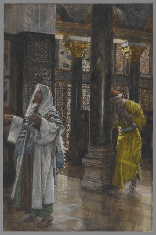 The Pharisee and the Publican (Le pharisien et le publicain) by James Tissot, 1886-94, Opaque watercolor over graphite on gray wove paper, Brooklyn Museum